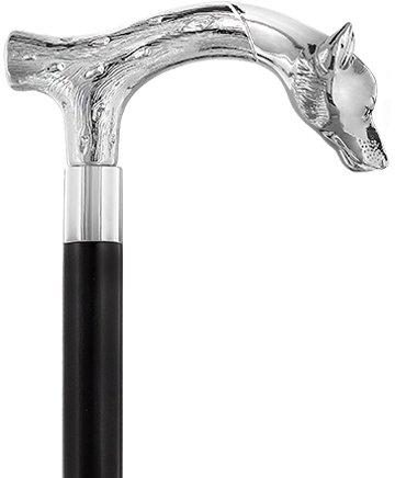 Scratch and Dent Unwavering Fierce Wolf Nickel Plated Fritz Handle Cane w/ Custom Shaft & Collar V2287 Dog Walking Canes - Tophatter Daily Deals