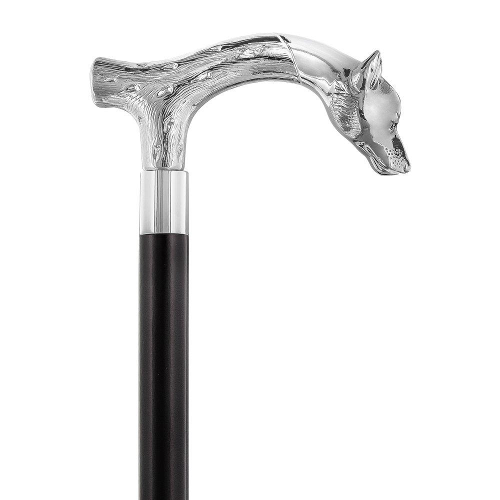 Scratch and Dent Unwavering Fierce Wolf Nickel Plated Fritz Handle Cane w/ Custom Shaft & Collar V2283 Dog Walking Canes - Tophatter Daily Deals