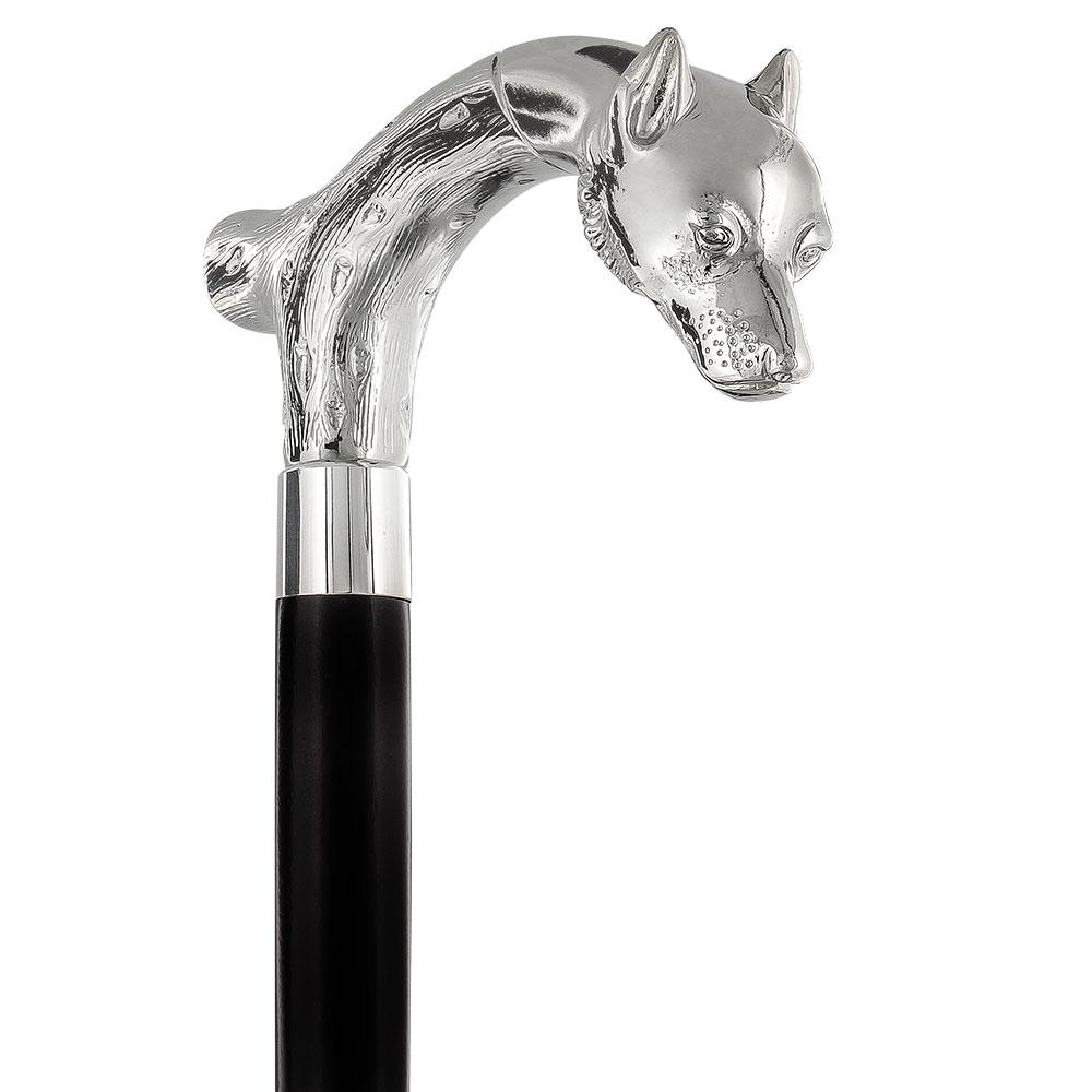 Scratch and Dent Unwavering Fierce Wolf Nickel Plated Fritz Handle Cane w/ Custom Shaft & Collar V2287 Dog Walking Canes - Tophatter Daily Deals