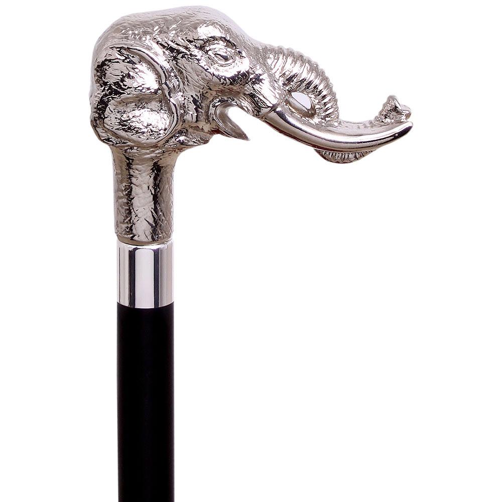 Elephant w/ Tusks Nickel Plated Handle Italian Handle Cane w/ Custom Shaft & Collar Elephant Walking Canes - Tophatter Daily Deals