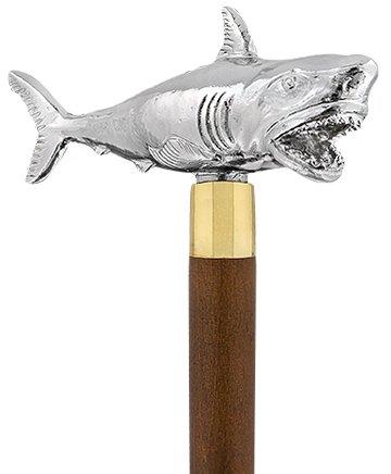 Great White Shark Nickel Plated Handle Cane w/ Custom Shaft & Collar Fish Walking Canes - Tophatter Daily Deals