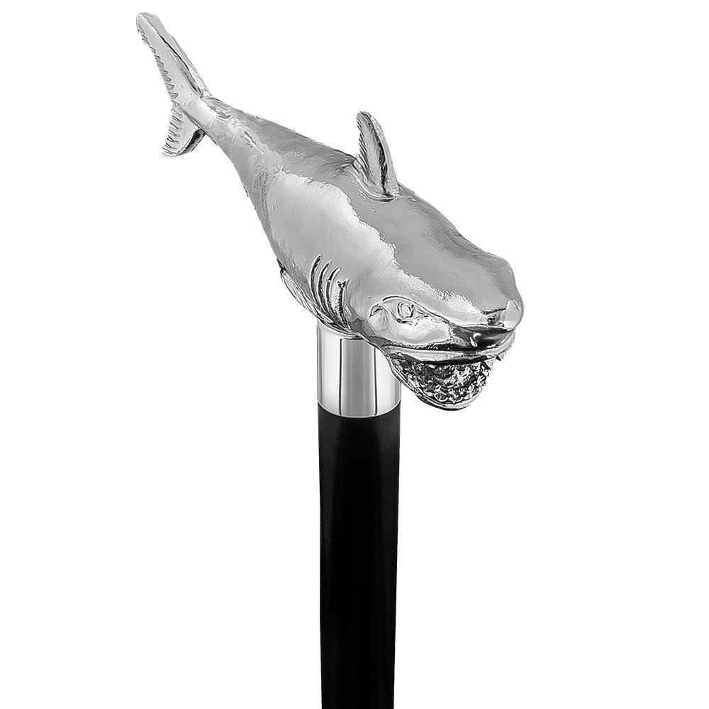 Great White Shark Nickel Plated Handle Cane w/ Custom Shaft & Collar Fish Walking Canes - Tophatter Daily Deals
