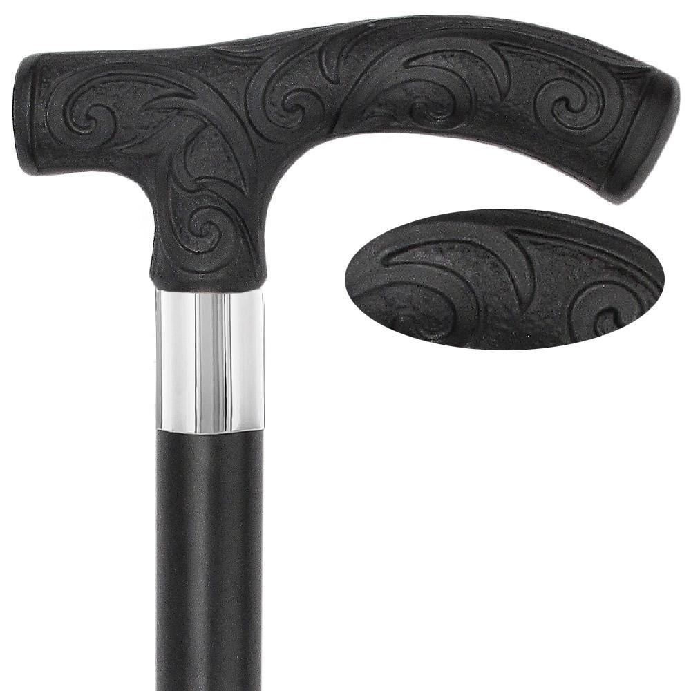 Carved Black Scroll Fritz Handled Cane - Italian Handle w/Custom Shaft and Collar Fritz Handle Walking Canes - Tophatter Daily Deals