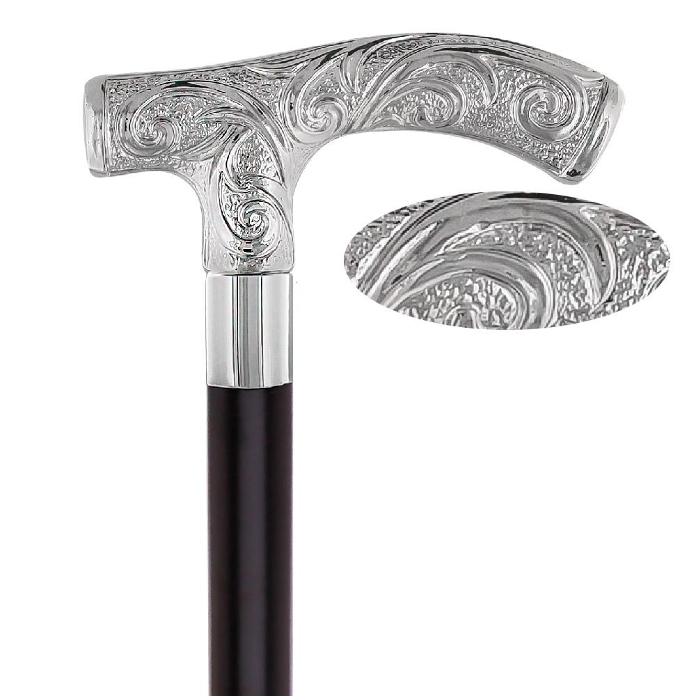 Carved Scroll Fritz Nickel Plated Handled Cane - Italian Handle w/ Custom Shaft & Collar Italian Handles - Tophatter Daily Deals