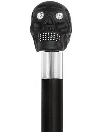 Black Skull Head Cane With Swarovski Crystal Eyes and Teeth-Italian Handle w/Custom Shaft and Collar Skull Walking Canes Dragon Walking Canes - Tophatter Daily Deals