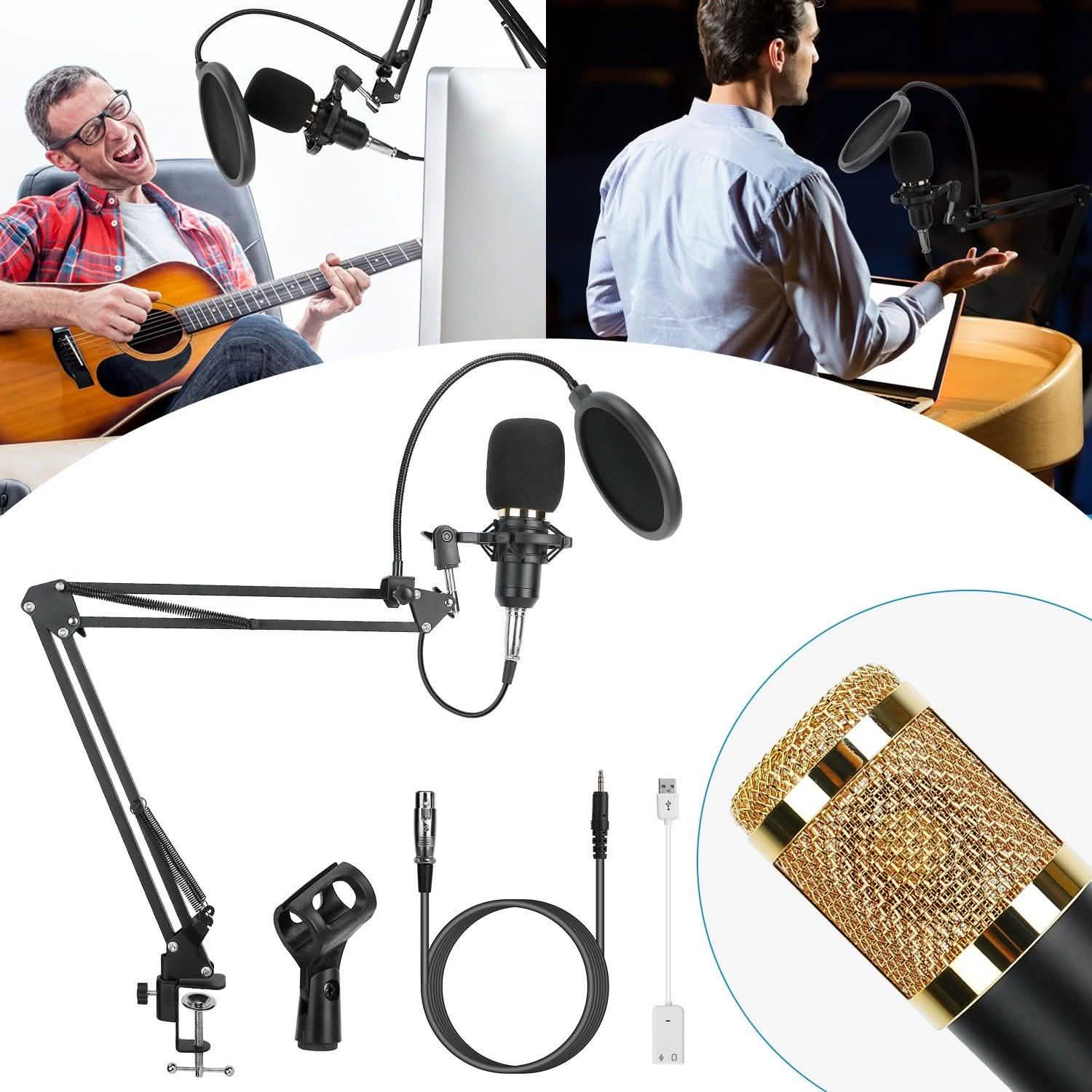 Condenser Microphone Bundle Shock Mount with Adjustable Boom Arm Sound Card Audio Accessories - Tophatter Daily Deals