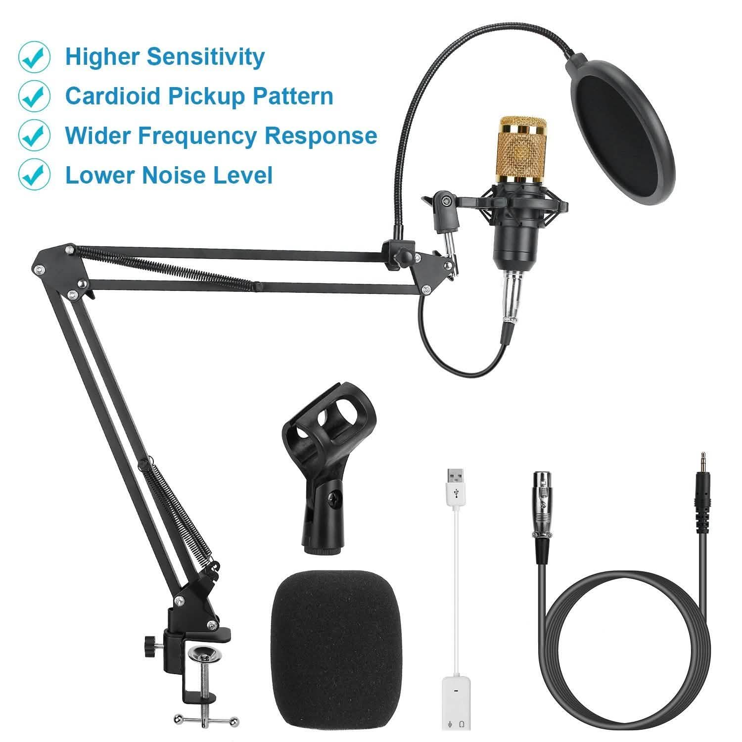 Condenser Microphone Bundle Shock Mount with Adjustable Boom Arm Sound Card Audio Accessories - Tophatter Daily Deals