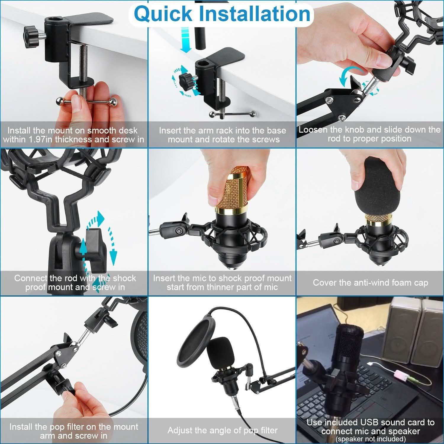 Condenser Microphone Bundle Shock Mount with Adjustable Boom Arm Sound Card Audio Accessories - Tophatter Daily Deals