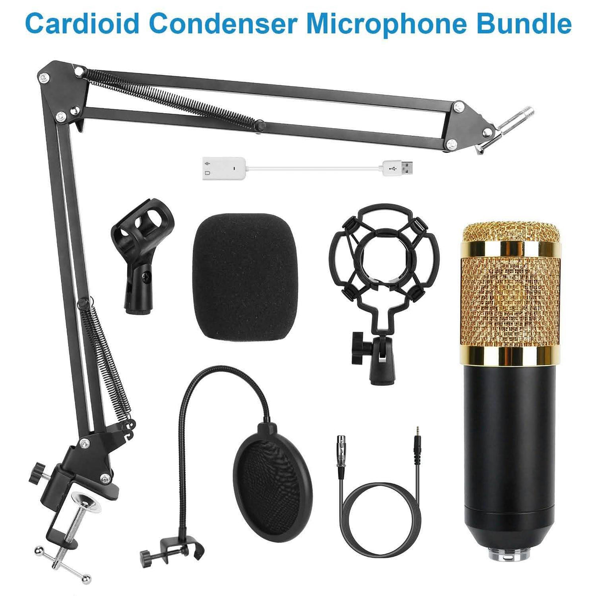 Condenser Microphone Bundle Shock Mount with Adjustable Boom Arm Sound Card Audio Accessories - Tophatter Daily Deals