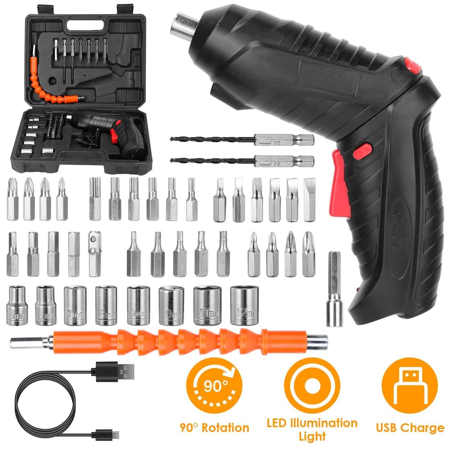 Cordless Electric Screwdriver Set with LED Work Light USB Rechargeable Home Improvement - Tophatter Daily Deals
