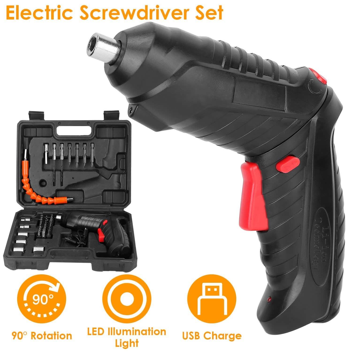Cordless Electric Screwdriver Set with LED Work Light USB Rechargeable Home Improvement - Tophatter Daily Deals