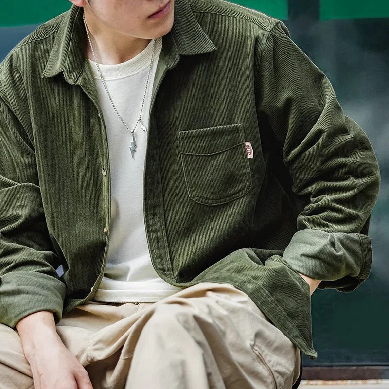Excellent Corduroy Men's Shirt Long Sleeve Fleece Jacket Army Green M Men Jackets - Tophatter Daily Deals