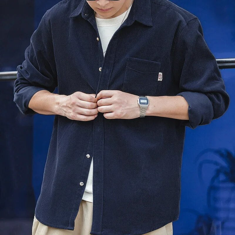 Excellent Corduroy Men's Shirt Long Sleeve Fleece Jacket Dark Blue Men Jackets - Tophatter Daily Deals