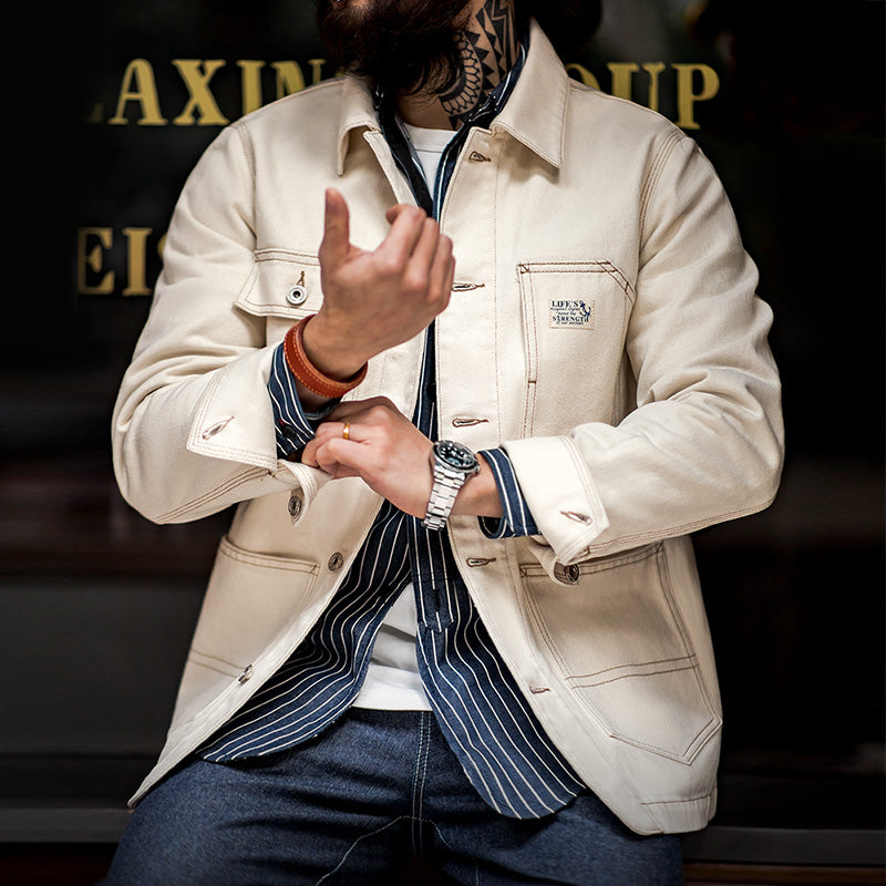 Cotton Lapel Jackets Multi-pocket Short Parkas Beige Men Jackets - Tophatter Daily Deals