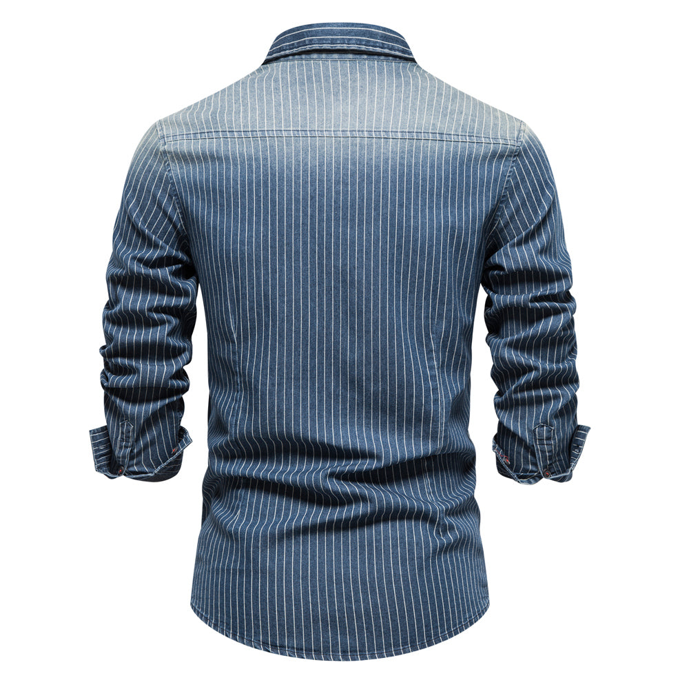 Cotton Men Denim Shirts Striped Stretch Long Sleeve Men's Clothing - Tophatter Daily Deals