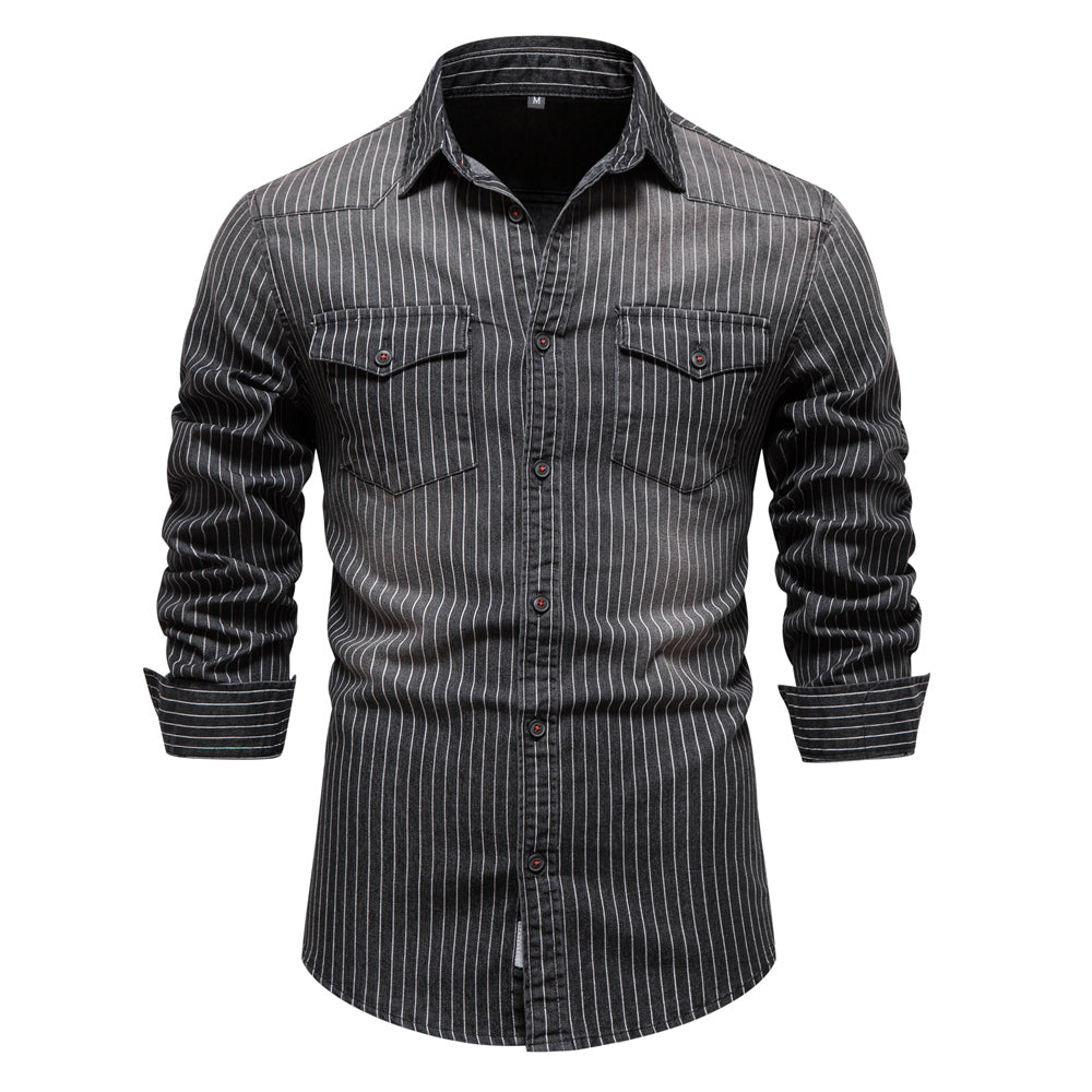 Cotton Men Denim Shirts Striped Stretch Long Sleeve Black Men's Clothing - Tophatter Daily Deals