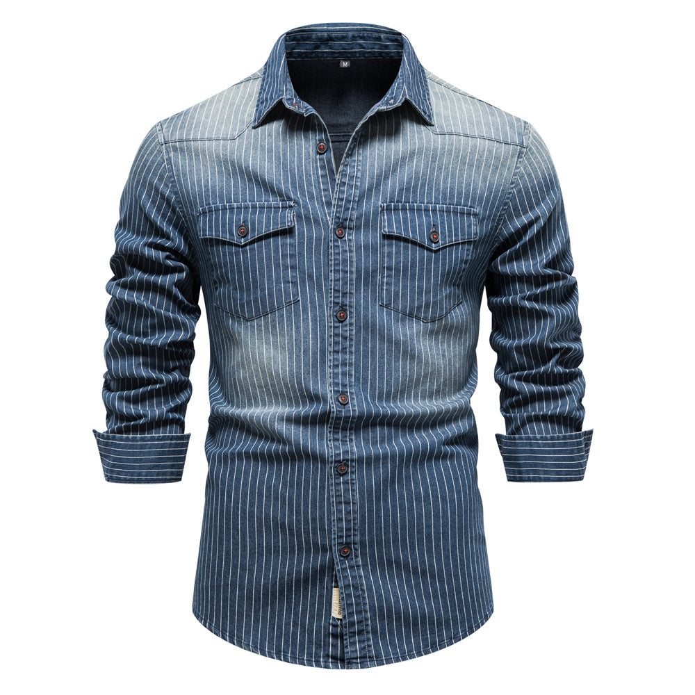 Cotton Men Denim Shirts Striped Stretch Long Sleeve Blue Men's Clothing - Tophatter Daily Deals
