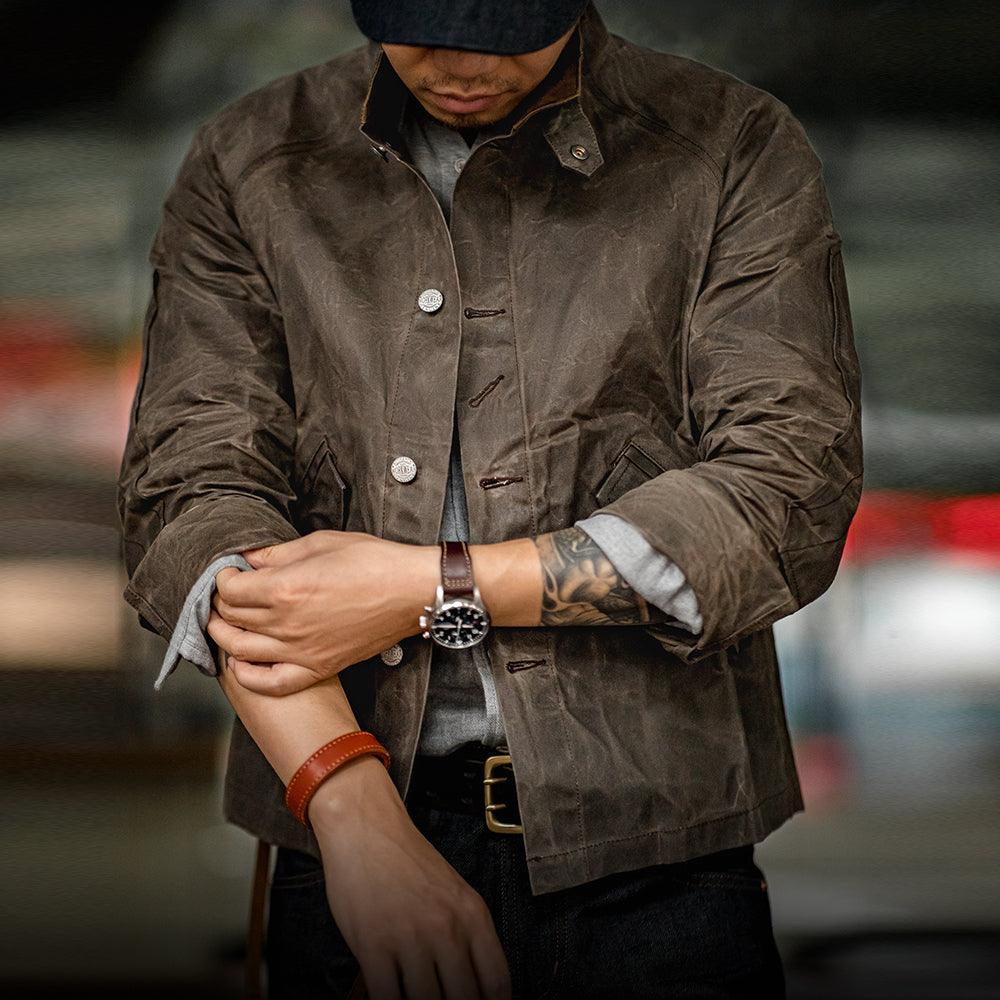 Retro Cotton Stand Collar Oil Waxed Jacket Khaki Men Jackets - Tophatter Daily Deals