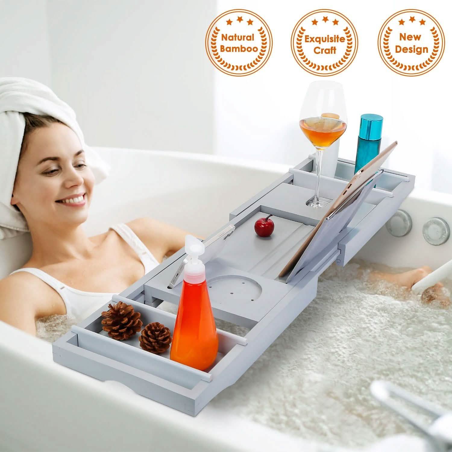 Crafted Bamboo Bath Tray Table Extendable Reading Rack Bath - Tophatter Daily Deals