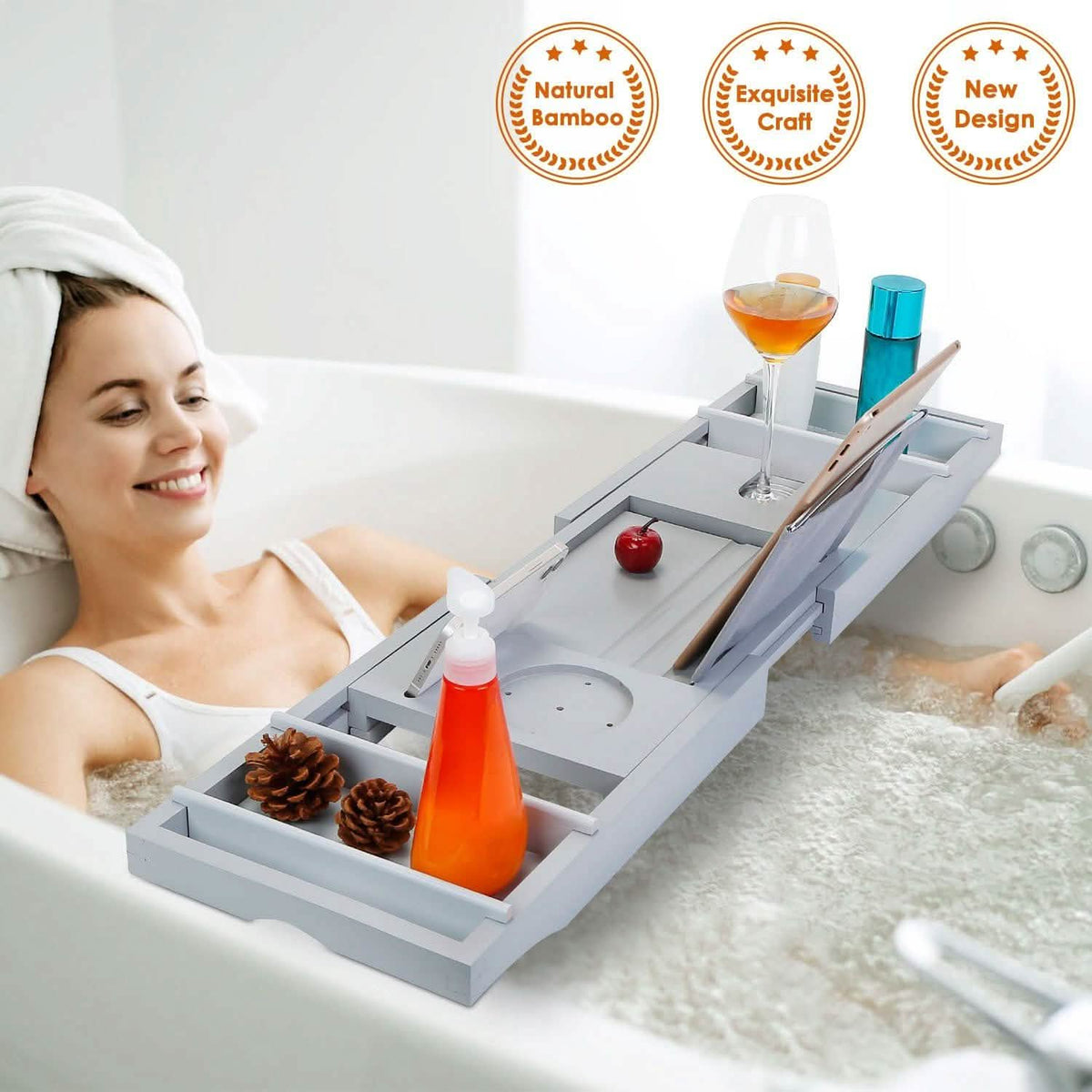 Crafted Bamboo Bath Tray Table Extendable Reading Rack Bath - Tophatter Daily Deals