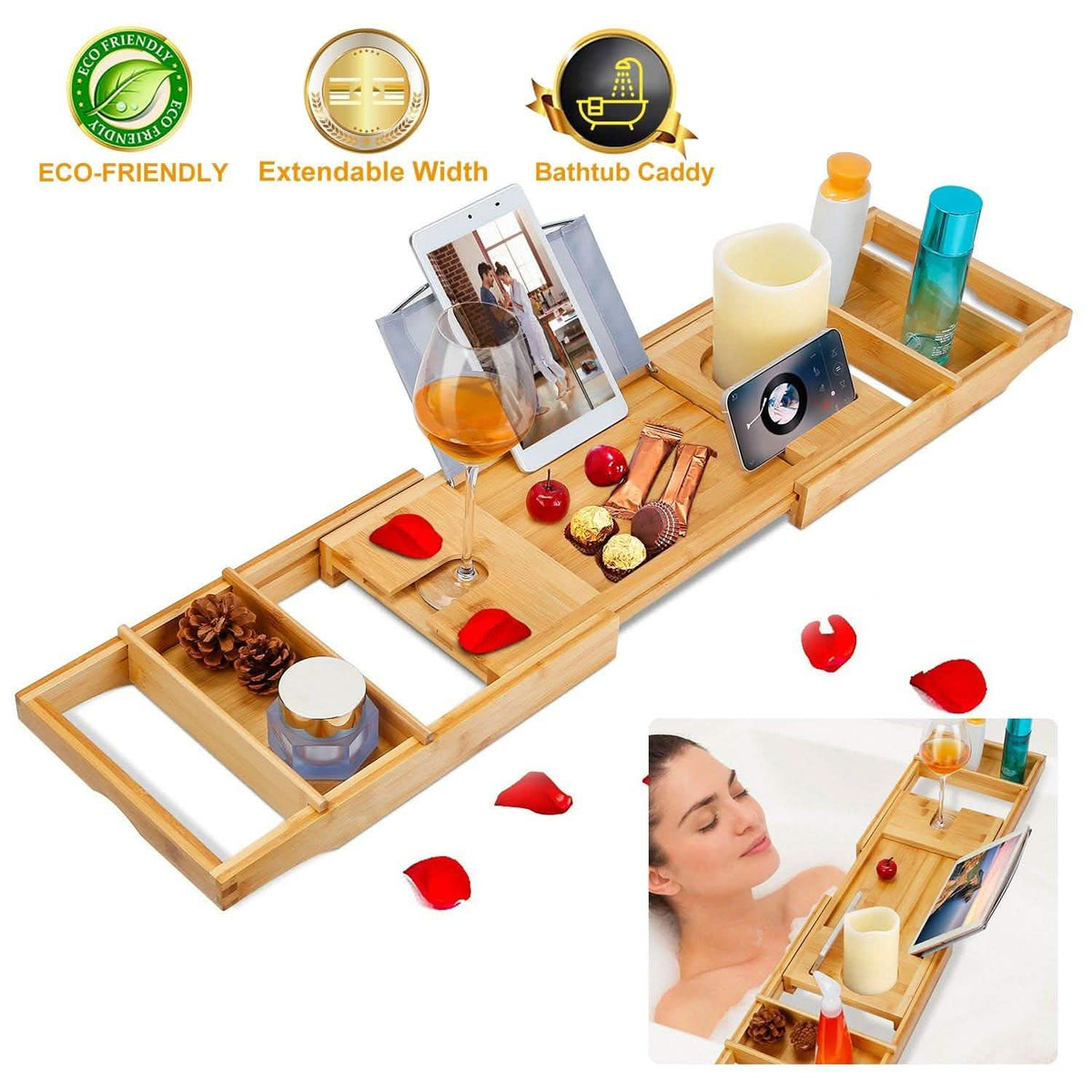 Crafted Bamboo Bath Tray Table Extendable Reading Rack Bath - Tophatter Daily Deals