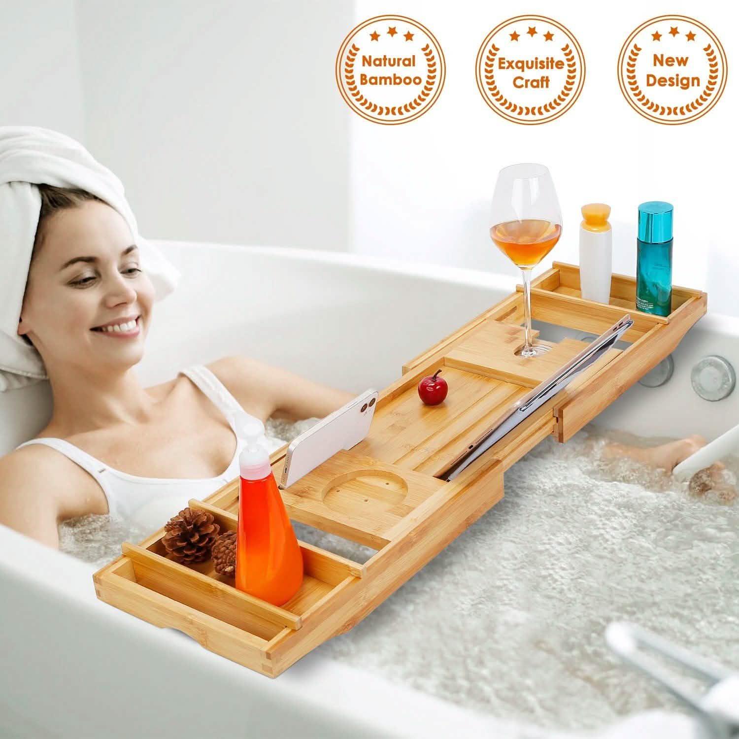 Crafted Bamboo Bath Tray Table Extendable Reading Rack Bath - Tophatter Daily Deals