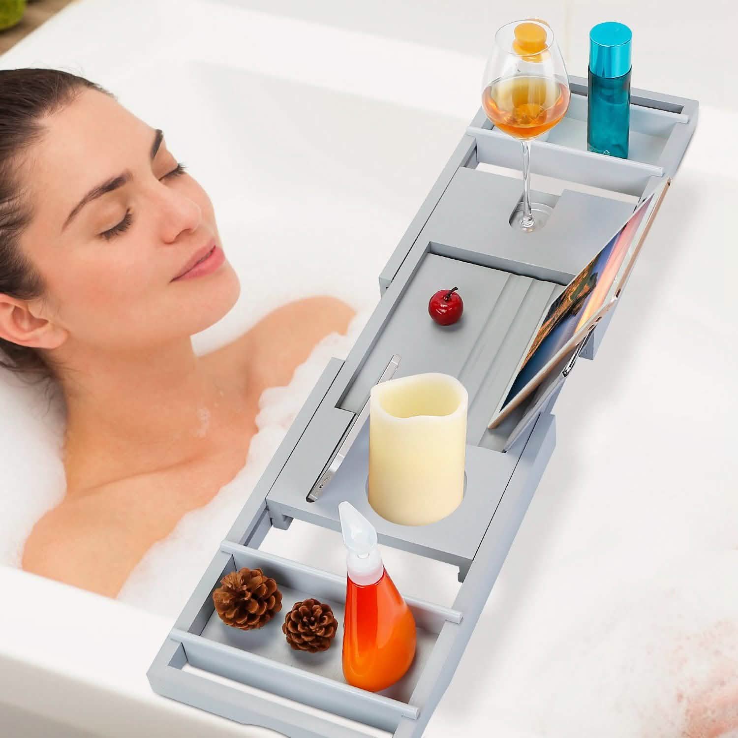 Crafted Bamboo Bath Tray Table Extendable Reading Rack Bath - Tophatter Daily Deals