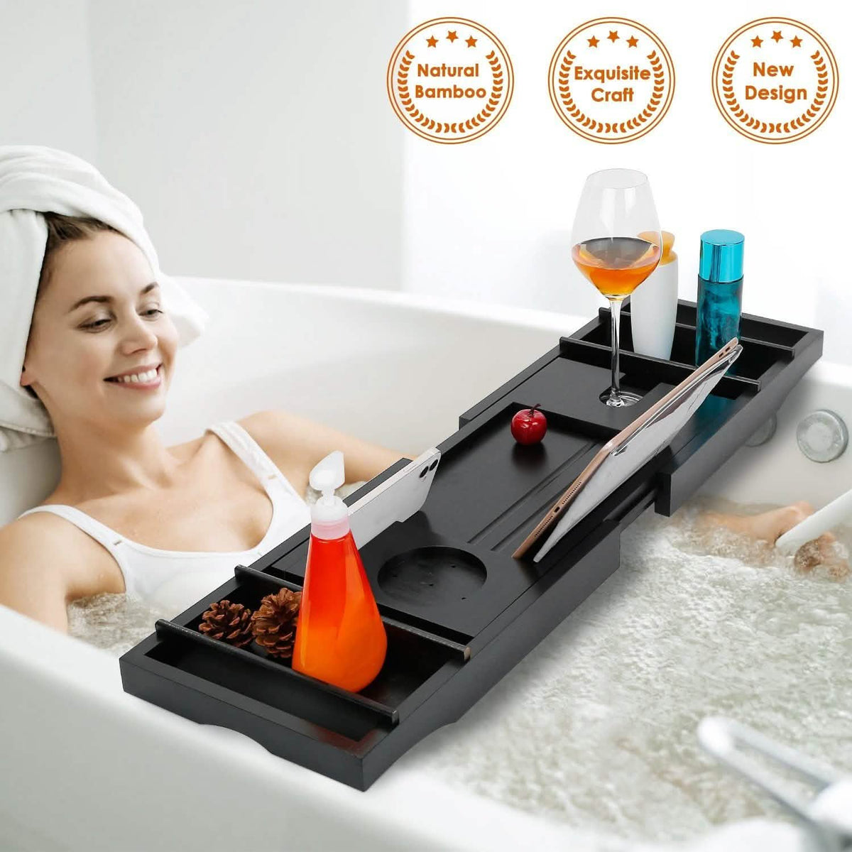 Crafted Bamboo Bath Tray Table Extendable Reading Rack Bath - Tophatter Daily Deals