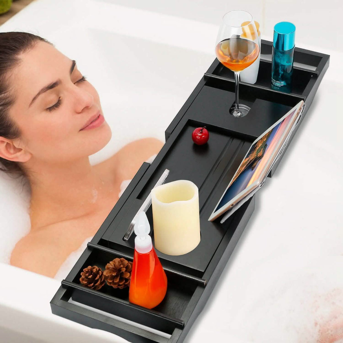 Crafted Bamboo Bath Tray Table Extendable Reading Rack Bath - Tophatter Daily Deals