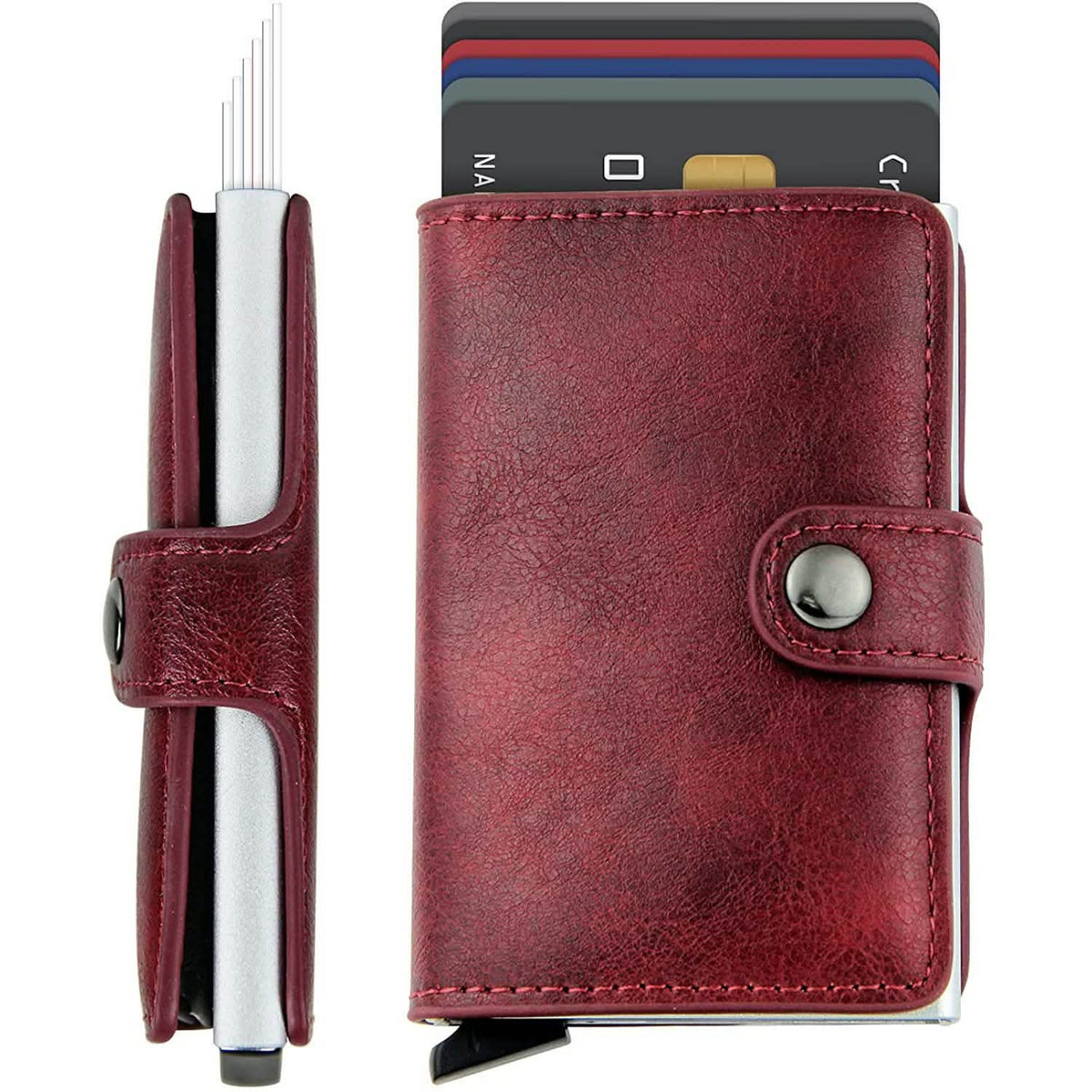 Credit Card Holder RFID Blocking Genuine Leather Vintage Aluminum Business Wallet Burgundy Handbags & Wallets - Tophatter Daily Deals