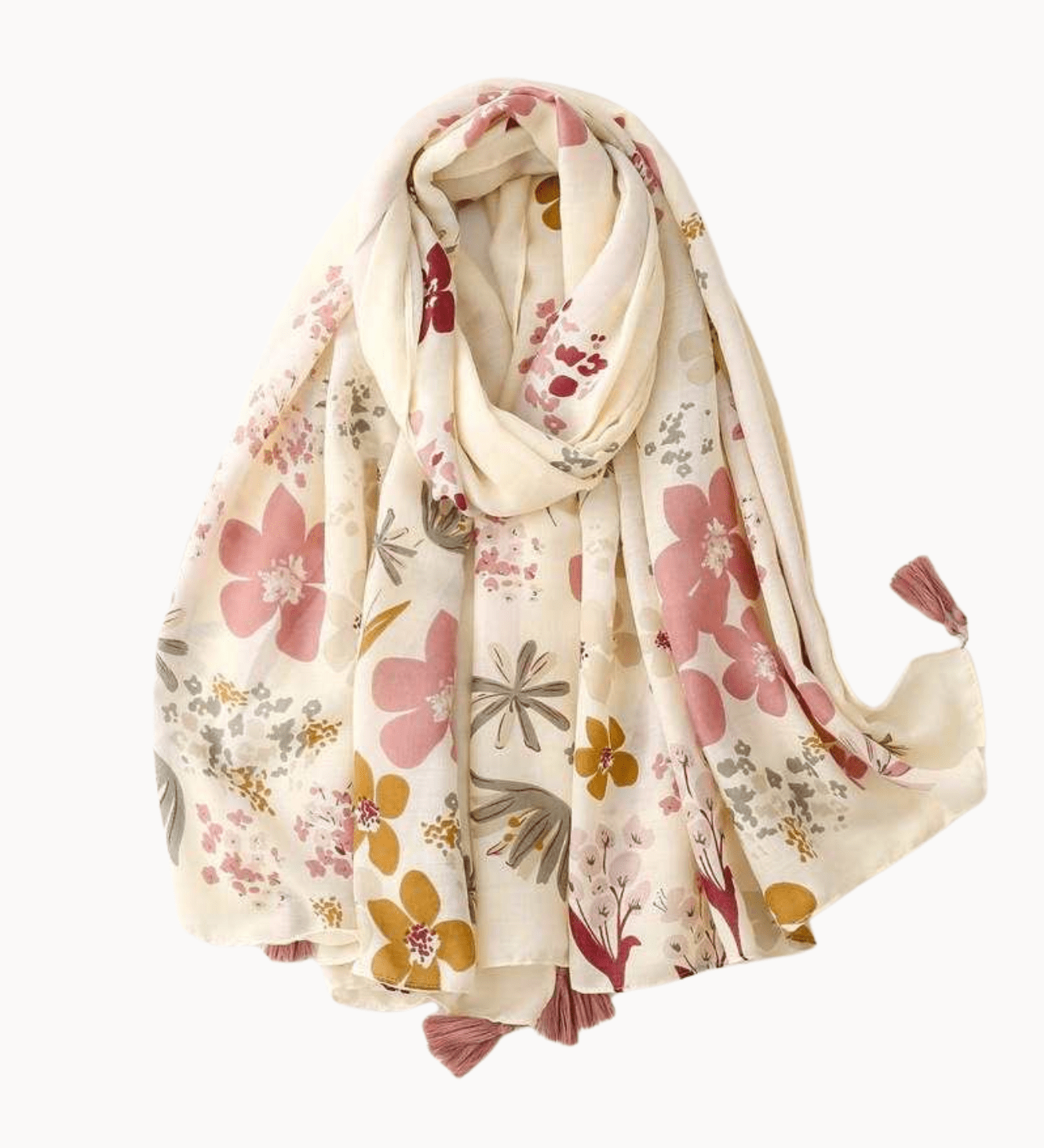 Ivory and Dusty Rose Vintage Floral Scarf with Tassel Multi Scarves - Tophatter Daily Deals
