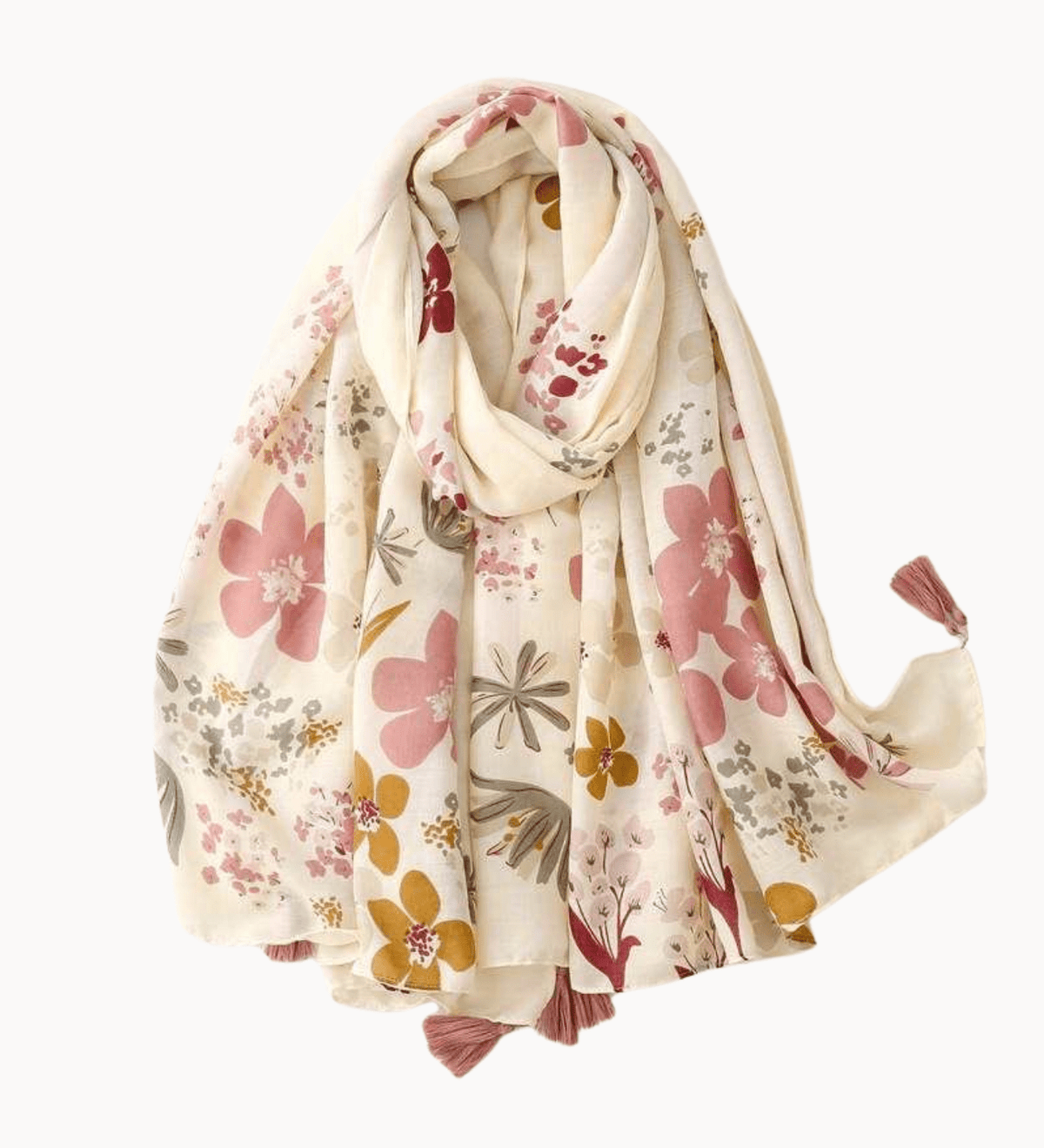 Ivory and Dusty Rose Vintage Floral Scarf with Tassel Multi Scarves - Tophatter Daily Deals