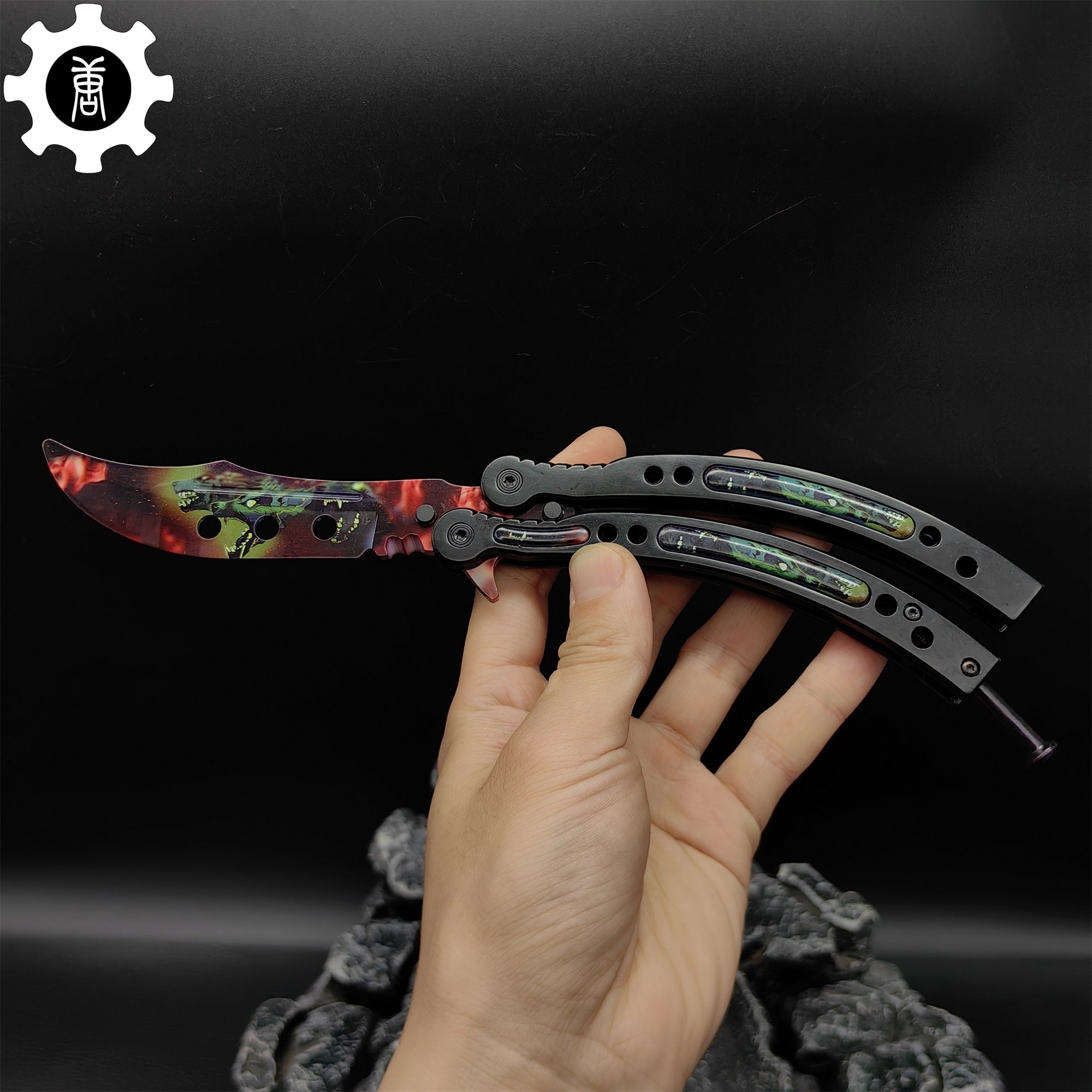Metal Butterfly Knife Three Wolves Pattern Balisong Game Prop - Tophatter Daily Deals