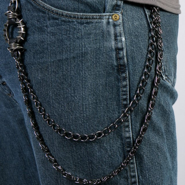 Hot Leathers Gunmetal Double Wallet Chain w/ Spikes and Skull 18