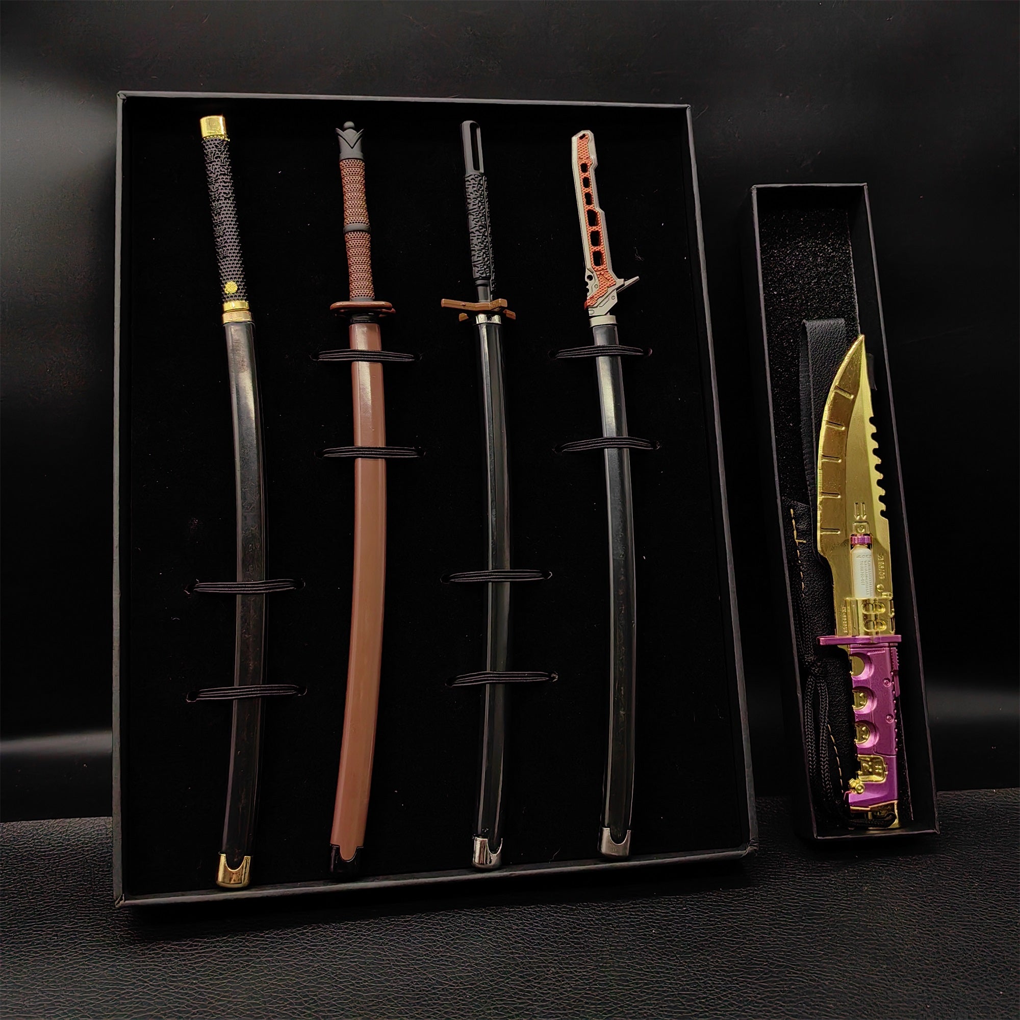 Cyberpunk Style Mini Katanas Jinchu Maru Black Unicorn Byakko Thermal Katana Errata Headhunter Knife 5 in 1 Pack - Tophatter Daily Deals