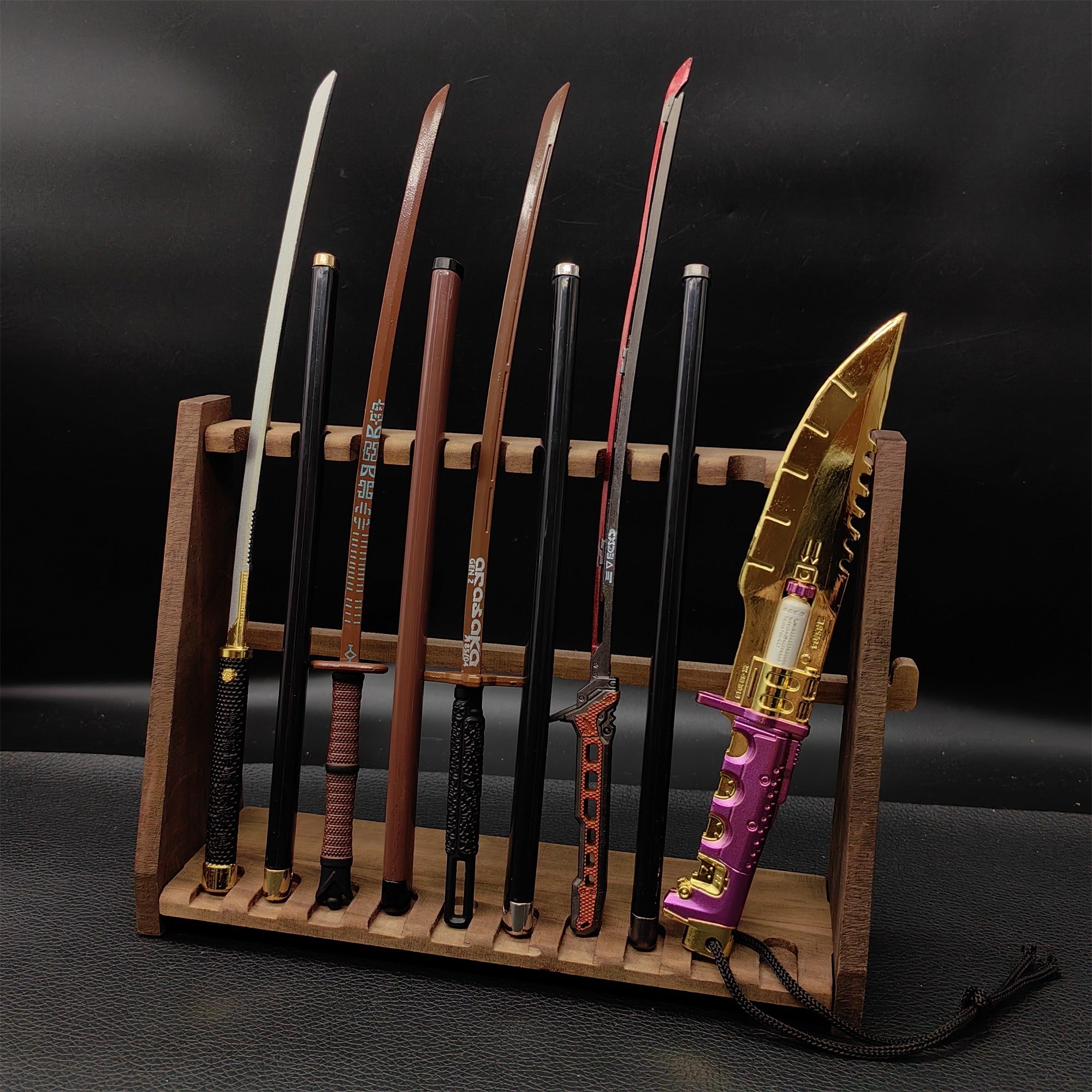 Cyberpunk Style Mini Katanas Jinchu Maru Black Unicorn Byakko Thermal Katana Errata Headhunter Knife 5 in 1 Pack 5 Swords & Stand - Tophatter Daily Deals