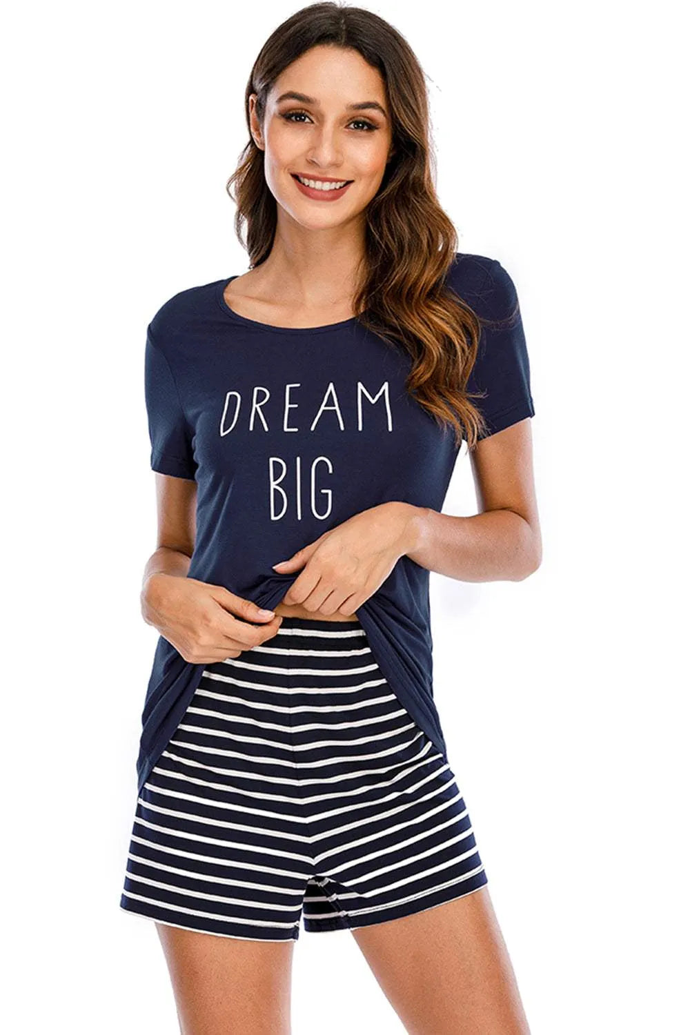 Graphic Round Neck Top and Striped Shorts Lounge Set Loungewear Sets - Tophatter Daily Deals