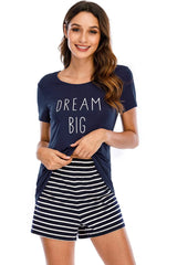 Graphic Round Neck Top and Striped Shorts Lounge Set Loungewear Sets - Tophatter Daily Deals