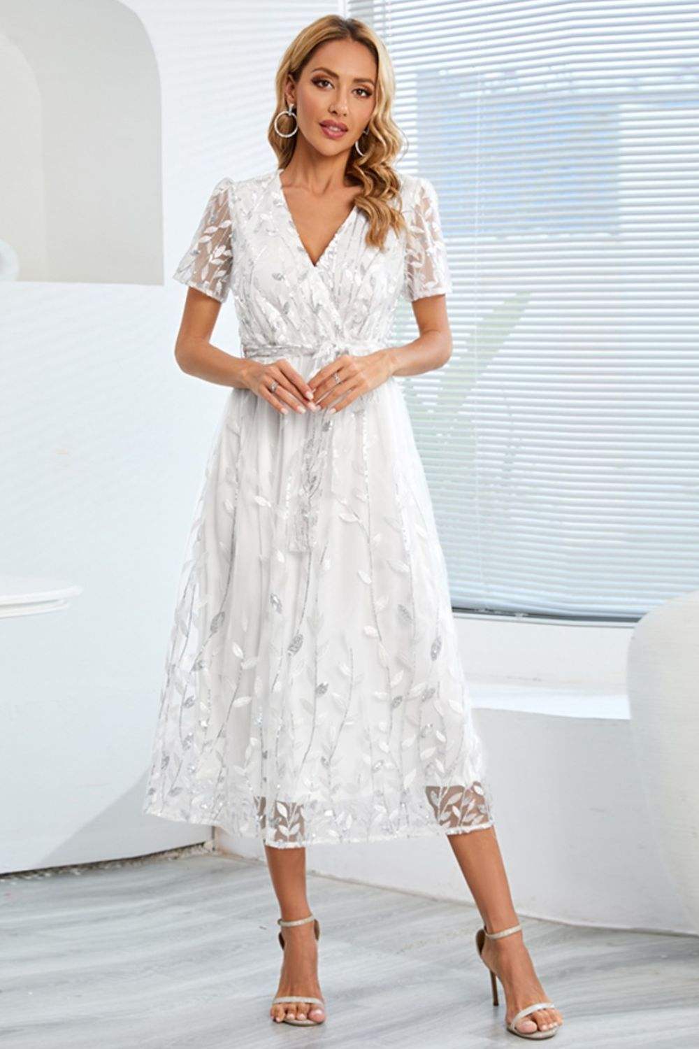 Sequin Leaf Embroidery Tie Front Short Sleeve Dress Cocktail Dresses - Tophatter Daily Deals