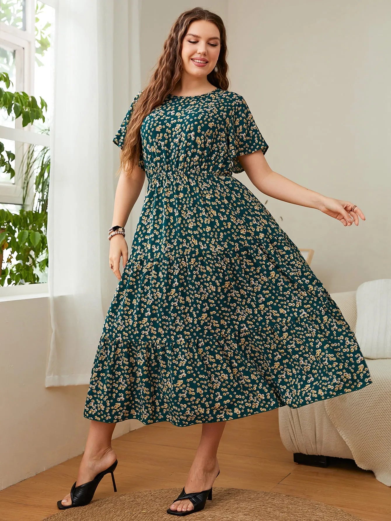 Plus Size Floral Round Neck Short Sleeve Midi Dress Casual Dresses - Tophatter Daily Deals