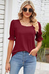 Smocked Square Neck Short Sleeve T-Shirt Wine Women's T-Shirts - Tophatter Daily Deals