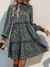 Perfee Frill Printed Mock Neck Long Sleeve Mini Dress Casual Dresses - Tophatter Daily Deals