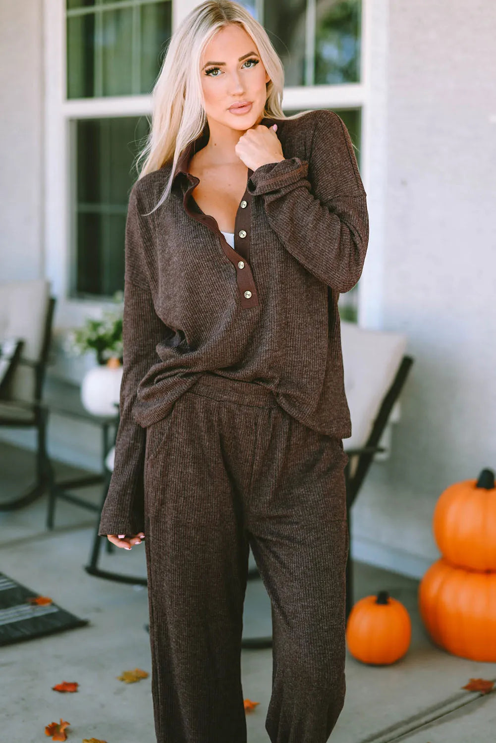 Brown Ribbed Knit Collared Henley Top and Pants Lounge Outfit Loungewear & Sleepwear/Loungewear - Tophatter Daily Deals