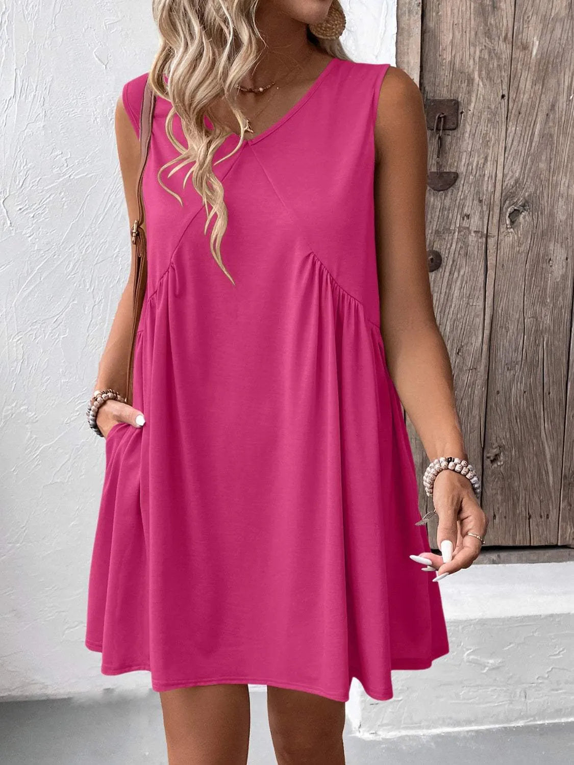 Ruched V-Neck Sleeveless Mini Dress Casual Dresses - Tophatter Daily Deals