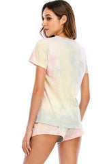 Tie-Dye Round Neck Short Sleeve Top and Shorts Lounge Set Loungewear Sets - Tophatter Daily Deals