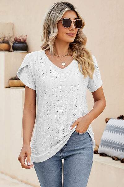 Eyelet V-Neck Petal Sleeve T-Shirt White Women's T-Shirts - Tophatter Daily Deals