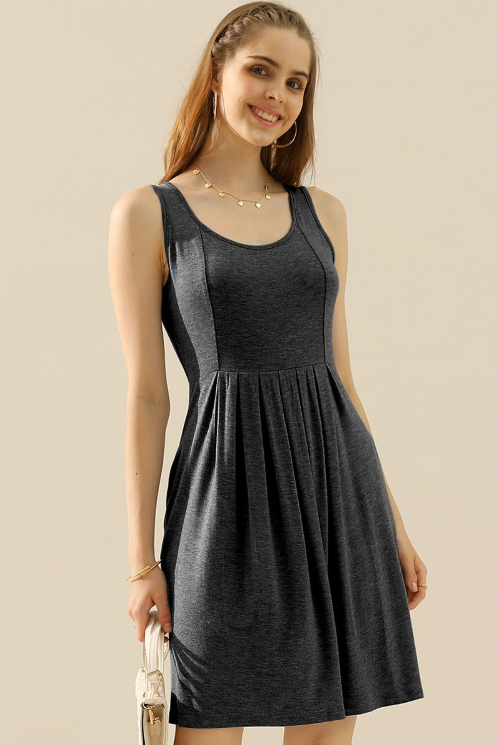 Doublju Full Size Round Neck Ruched Sleeveless Dress with Pockets - Tophatter Deals