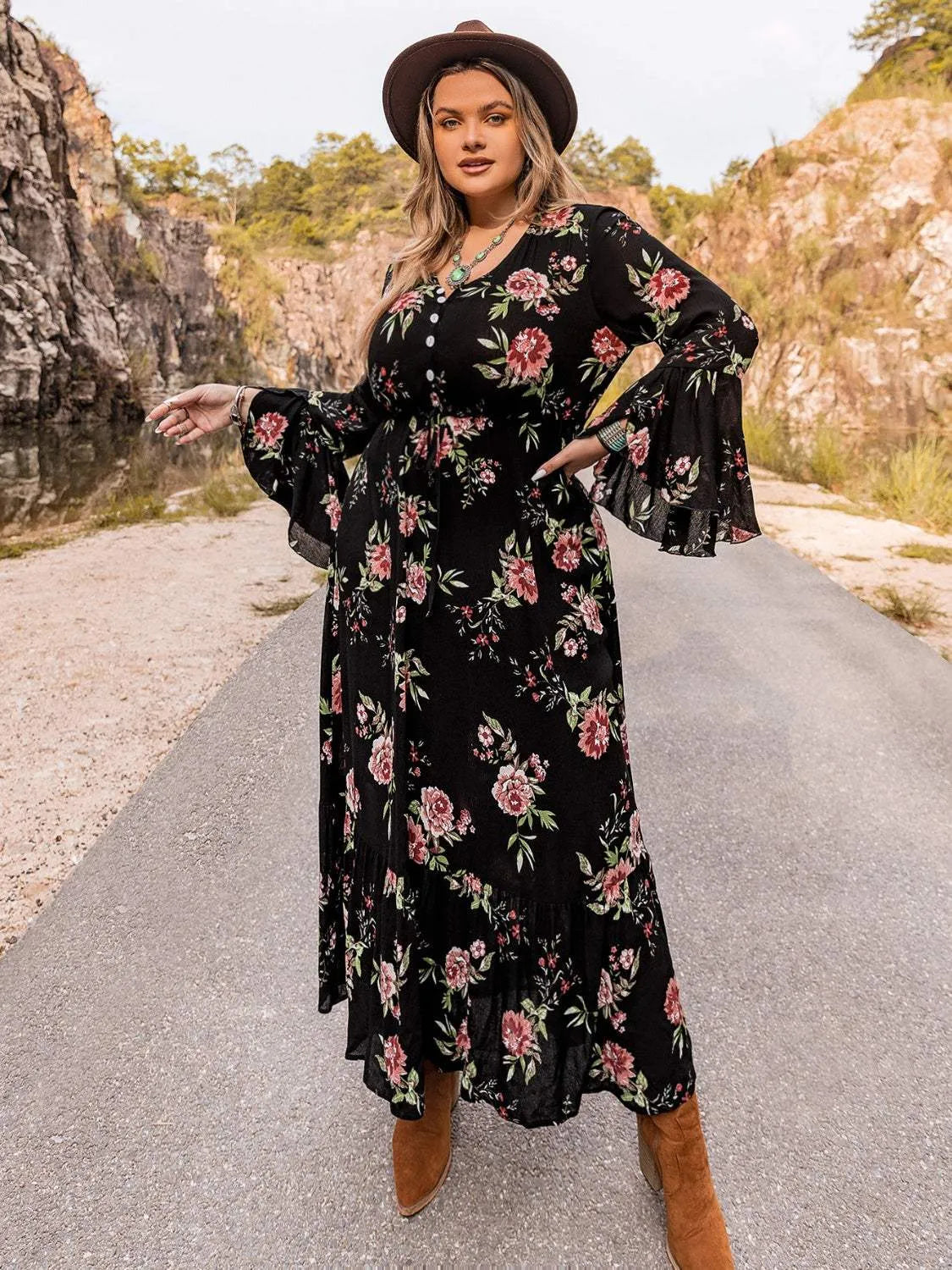 Plus Size Floral Flare Sleeve Dress Black Casual Dresses - Tophatter Daily Deals