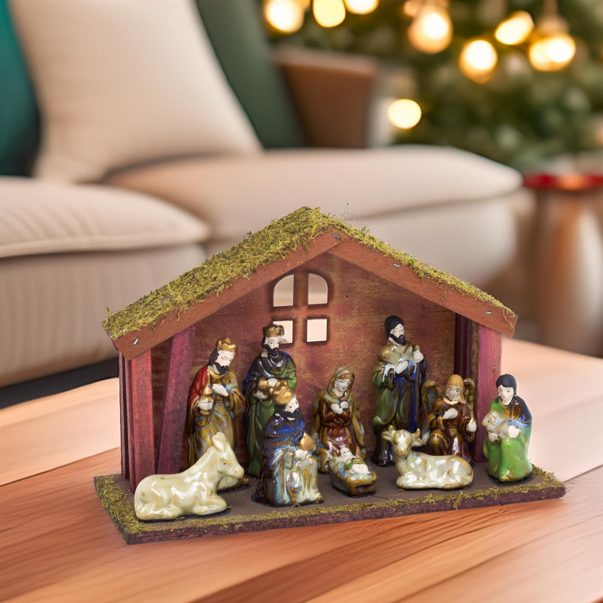 11-Piece Traditional Nativity Set with 10 Ceramic Figures & Wooden Stable - 30cm Nativity Set - Tophatter Daily Deals