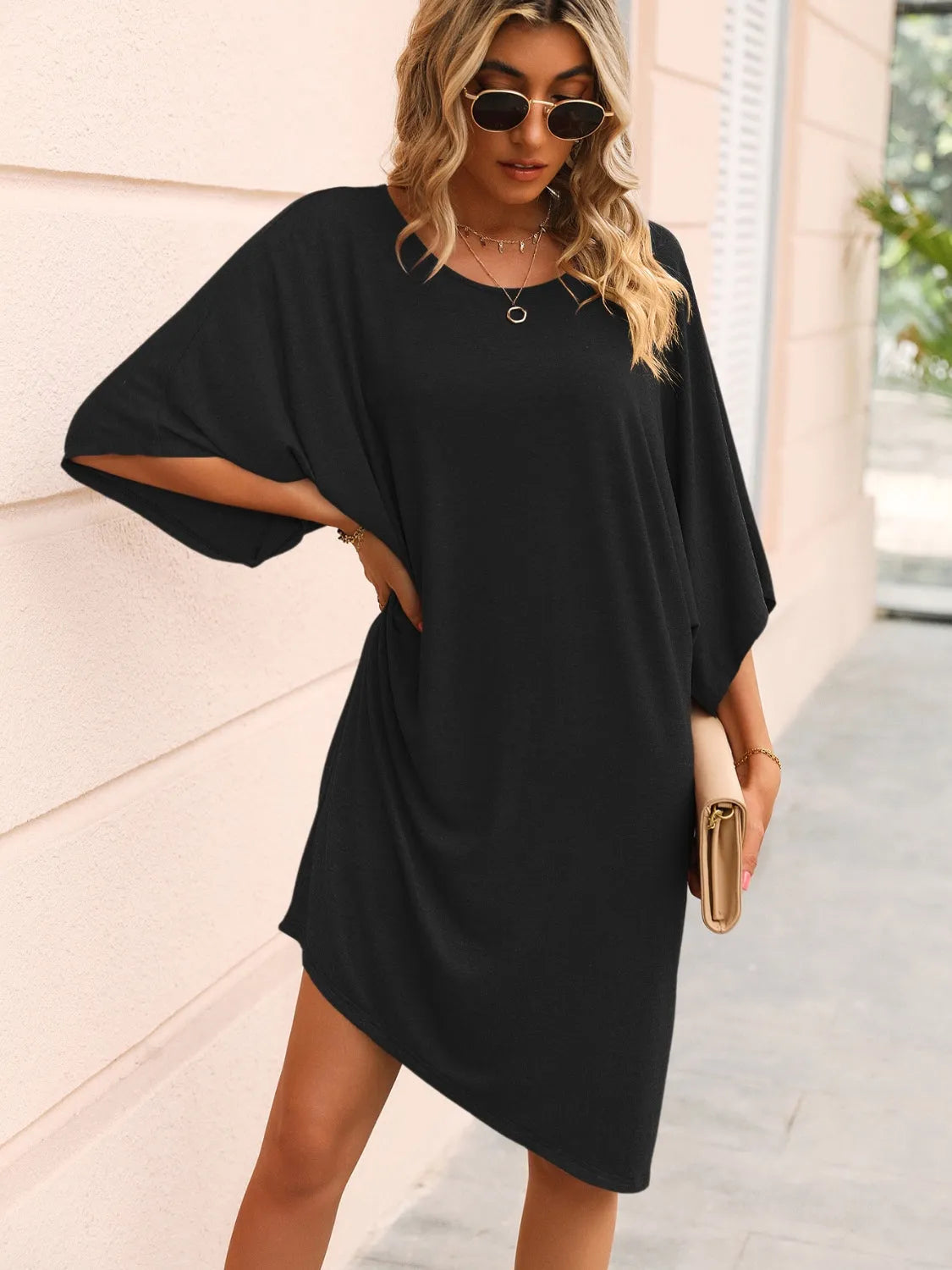 Round Neck Three-Quarter Sleeve Tee Dress Black Casual Dresses - Tophatter Daily Deals